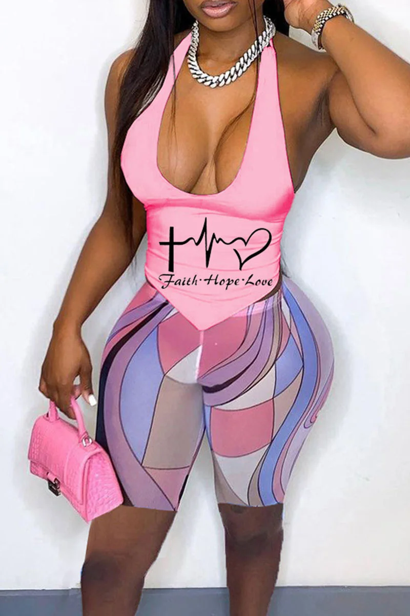 Pink Casual Print Patchwork Asymmetrical Halter Sleeveless Two Pieces | EGEMISS