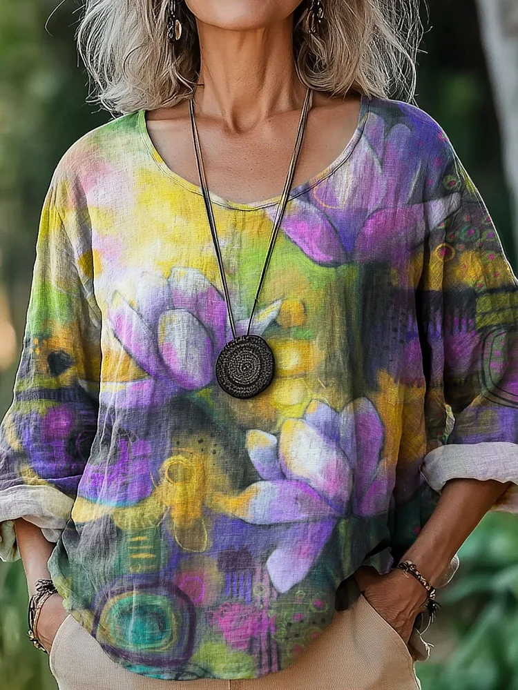 Women's Vintage Flower Art Print Casual Cotton And Linen Shirt