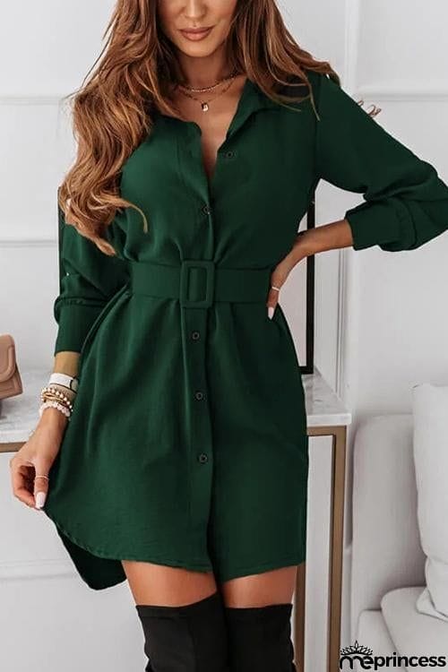 Button Long Sleeve Shirt Mini Dress With Belt