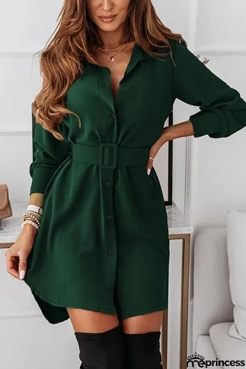 Button Long Sleeve Shirt Mini Dress With Belt