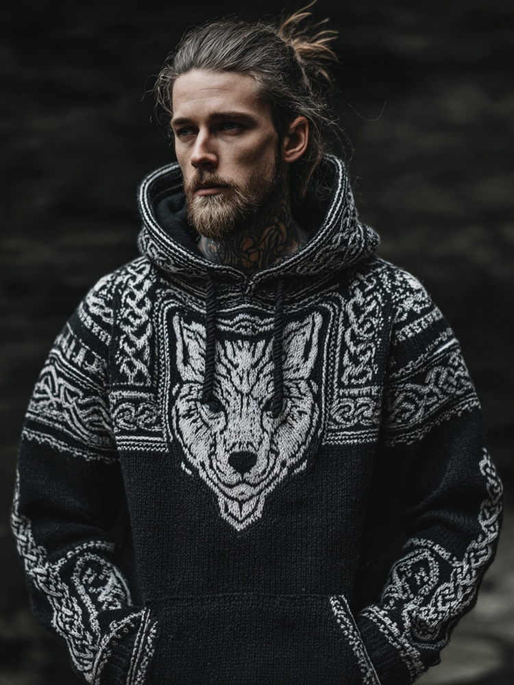 Men's Vintage Viking Wolf Pattern Cozy Knit Hooded Sweater elevenforest