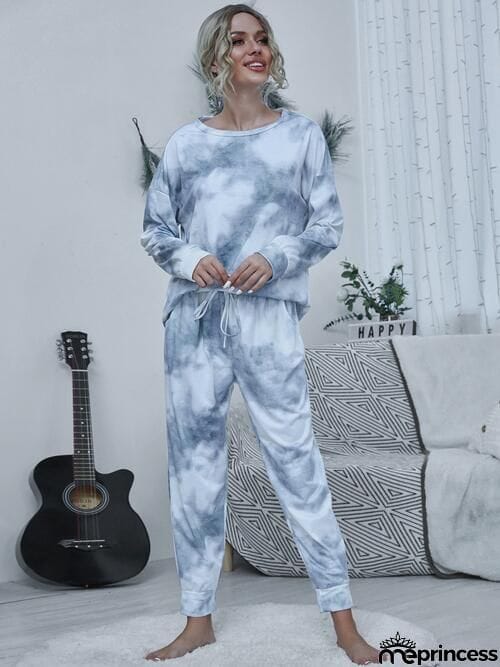 Tie-dye Round Neck Top and Drawstring Pants Lounge Set