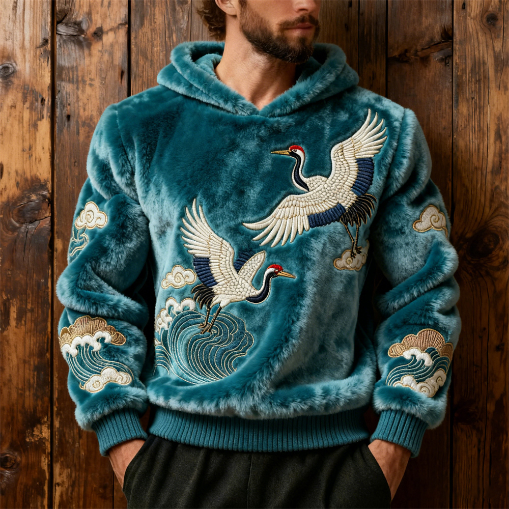 Japanese Crane Design Men's Hooded Flannel Sweatshirt  artssus