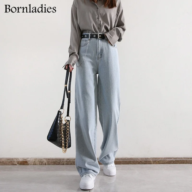 Bornladies Woman High Waist Loose 105cm Long Jeans Female Spring Summer Wide Leg Straight Denim Pants Female Stretch Trousers