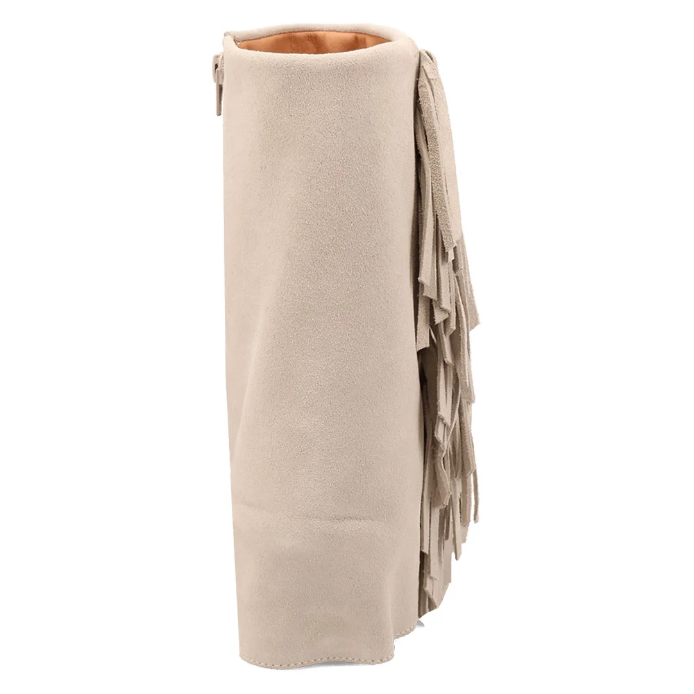 Beige Vegan Suede Chunky Heel Almond Toe Fold Over Fringe Booties