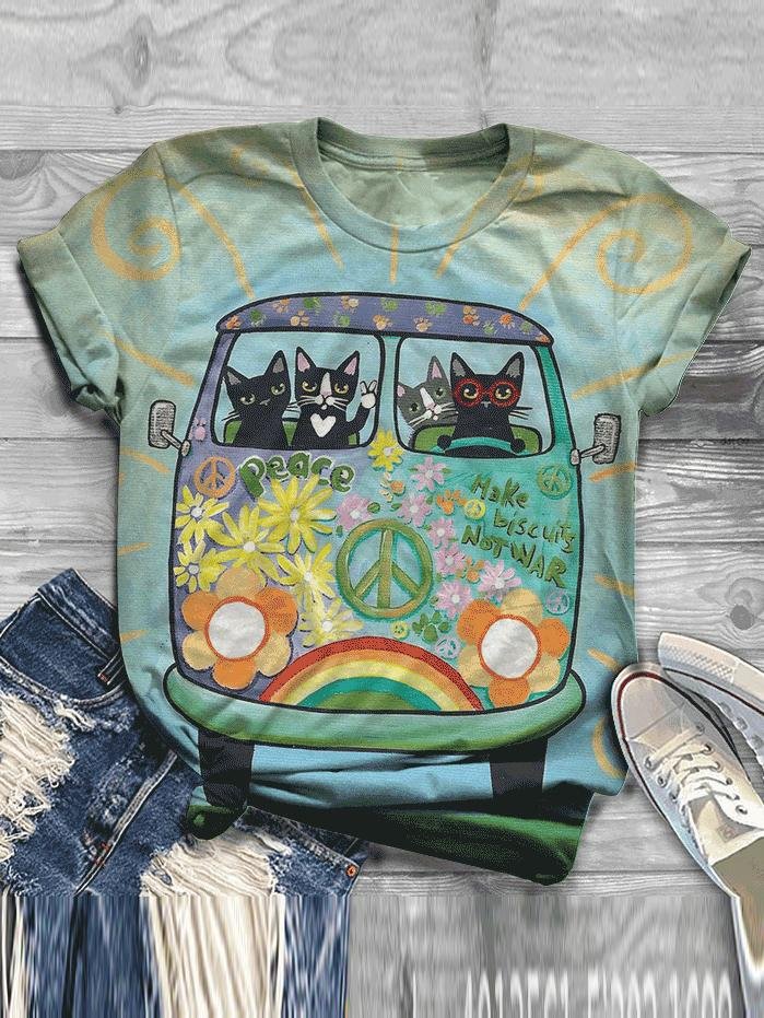 Cats Driver Print Casual Tee