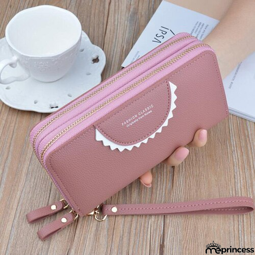 Women's Leather High Capacity Double Zipper With Wristband Purses