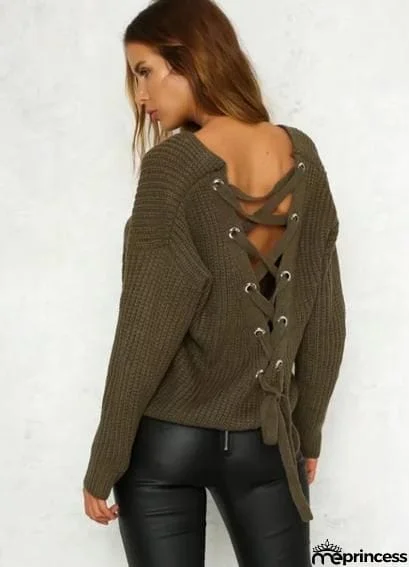 V Neck Solid Color Long Sleeve Knit Sweater