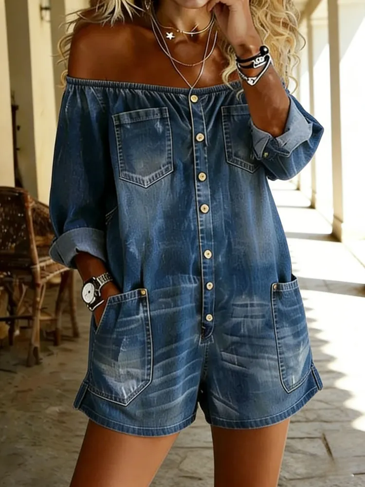 Women's Casual Cotton Denim Off-Shoulder Jumpsuit Shorts