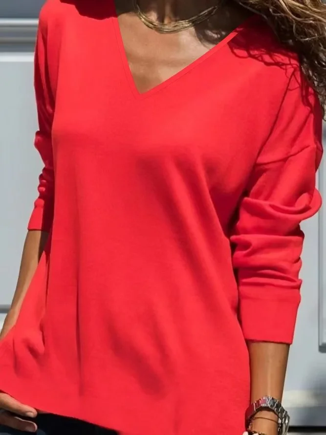 Women Plain Autumn Casual Jersey Pullover Standard Long sleeve Regular Regular T-shirt | IFYHOME