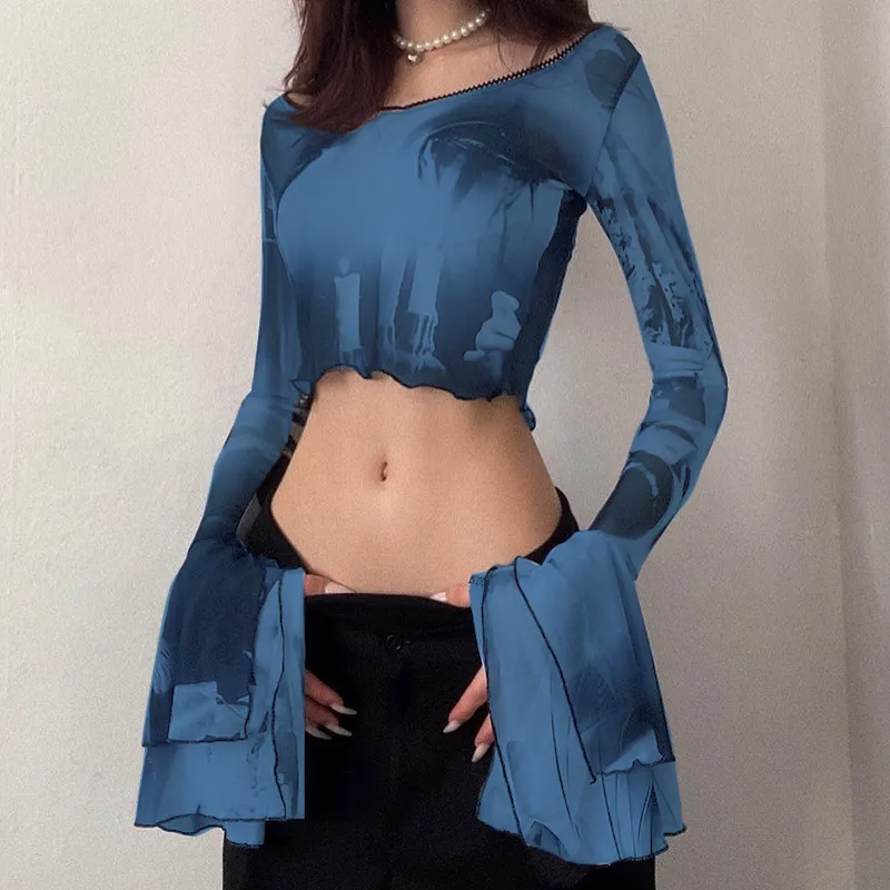 Brownm Brownm Slim Mesh Print Sleeve Horn Long Sleeve Perspective Crop Fashion Women's Top