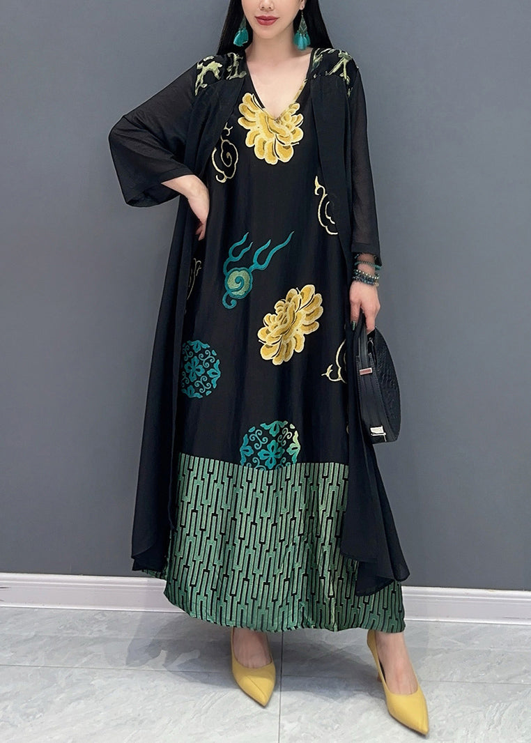 VCSHOES Loose Black V Neck Fake Two Piece Printed Dress For Summer