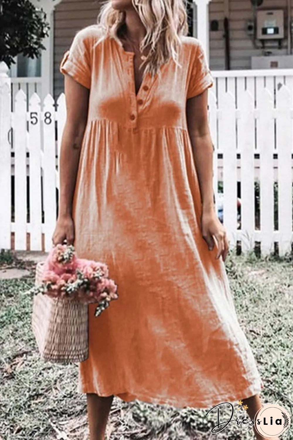 Casual Solid Buckle V Neck Straight Dresses(6 colors)