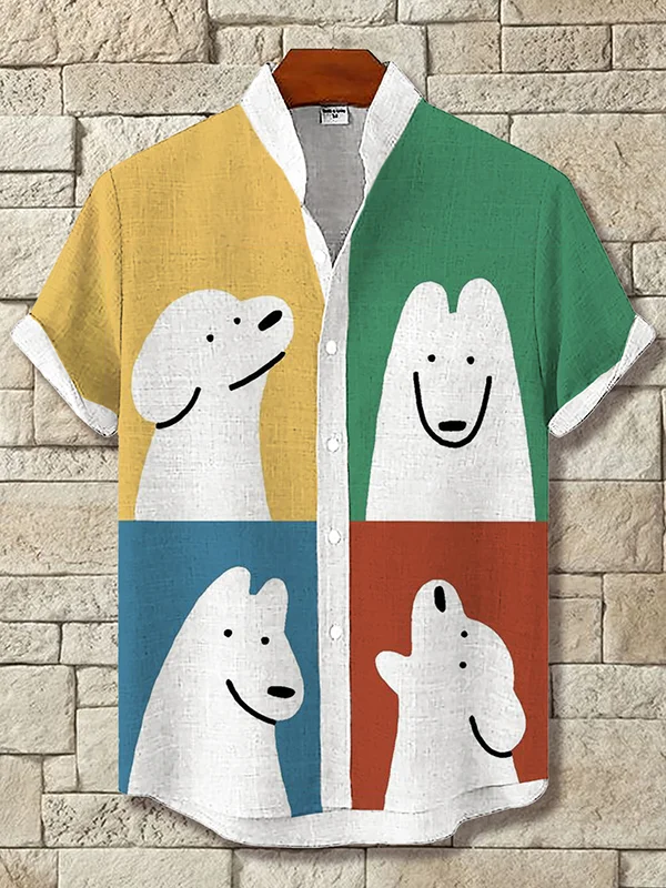Men's Cute Dogs Illustration Color Block Art Print Linen Blend Shirt