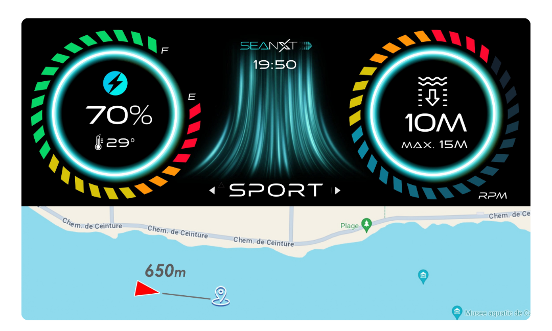 SeaNXT Elite dashboard showing battery life, depth, and map with a 650m distance marker.