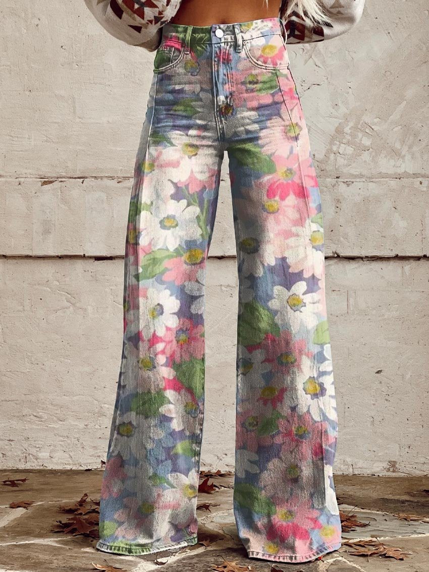 Women's Colorful Flower Print Casual Wide Leg Pants