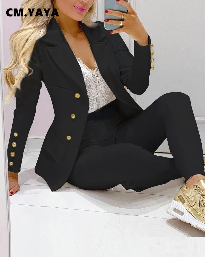 CM.YAYA Women Pants Suits Solid Single Breasted Blazers Tops + Pencil Pants Two 2 Piece Sets Office Lady Fashion Outfit Autumn