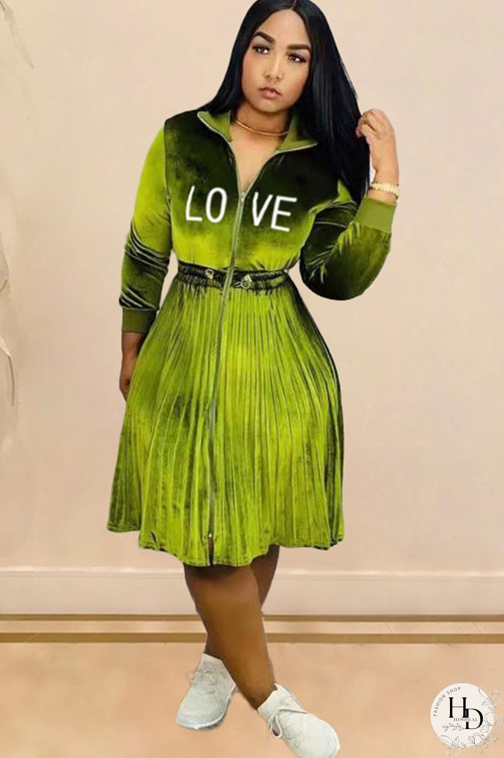 Army Green Sexy Cap Sleeve Long Sleeves Turndown Collar pleated Knee-Length Character Solid Long Sle