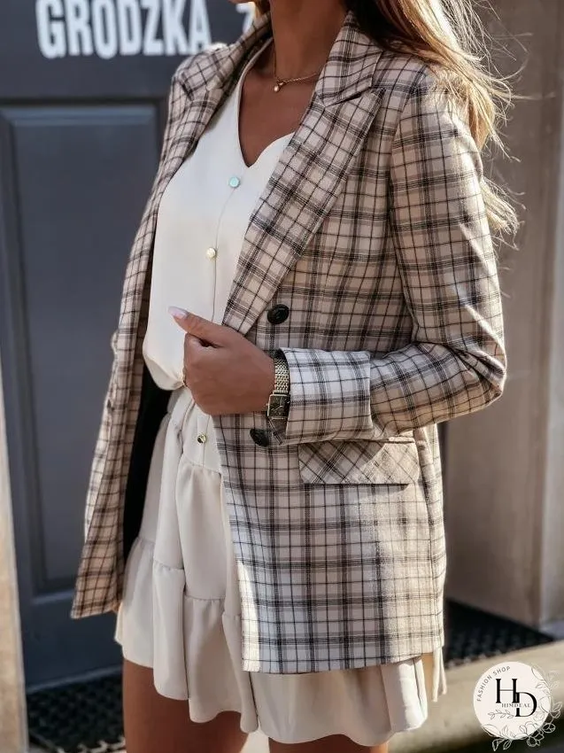 Blazers Lapel Check Pocket Button Blazer for Women