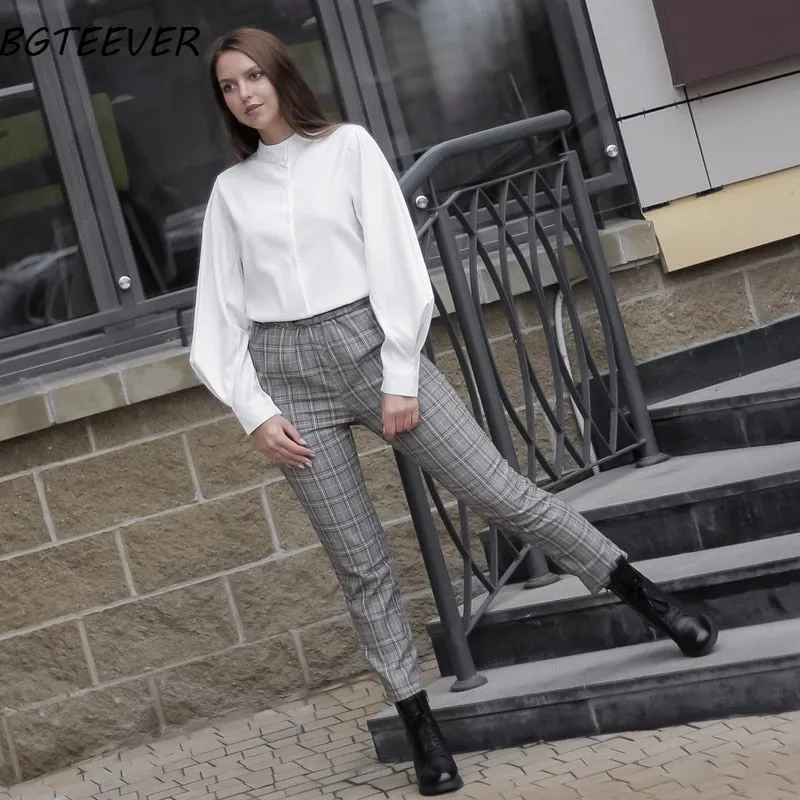BGTEEVER Vintage Lantern Sleeve Spring Summer Women Shirt Blouses Single Breasted Blouse Female Loose Shirts Tops blusas mujer