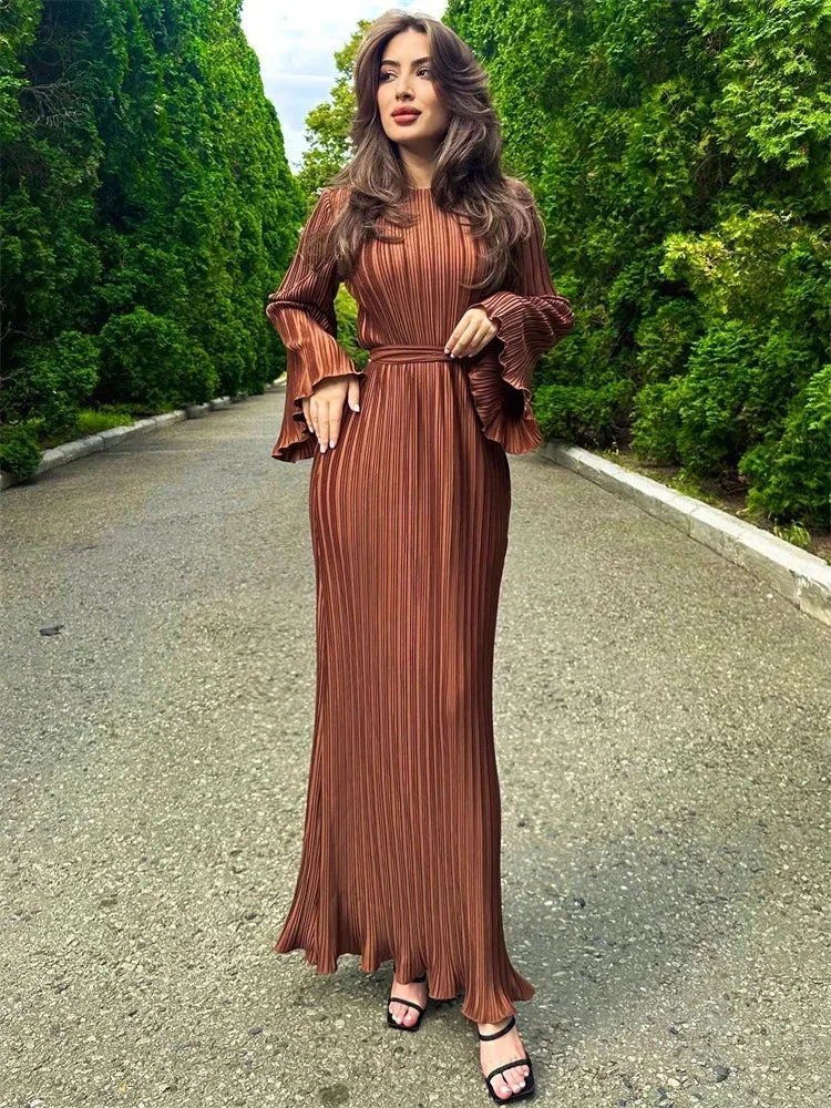 Huiketi Ruffled Lace-Up Ribbed Maxi Dress For Women Long Sleeve Fashion High Waist Elegant Party Dress Autumn Bandage Ladies Dress