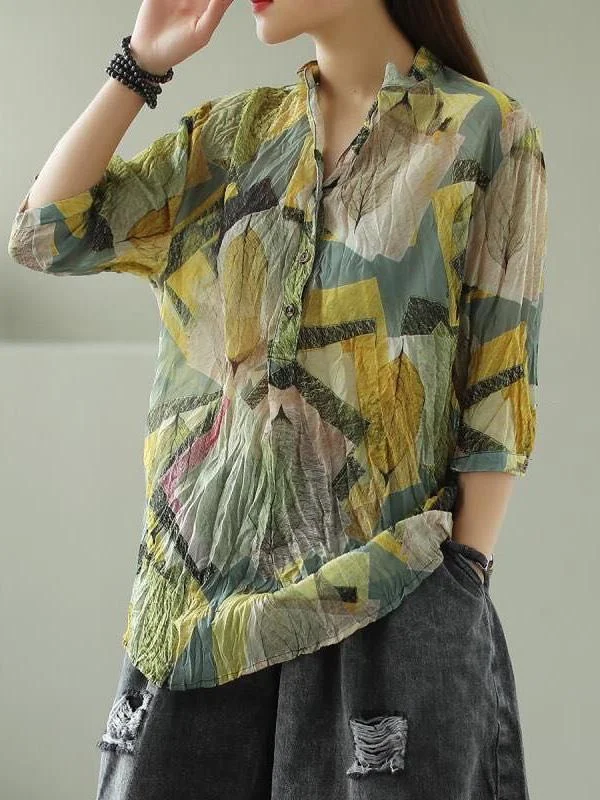 Vintage Floral Three-Quarter Sleeve Stand Collar Shirt