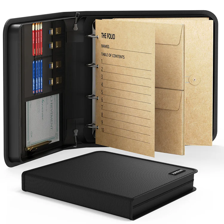 JUNDUN Document Organizer Folio, Fireproof D-Ring Binder Organizer with Zipper Closure, Multi-Pockets Document Folder for Important Papers,Wills,Certificates and Keepsakes