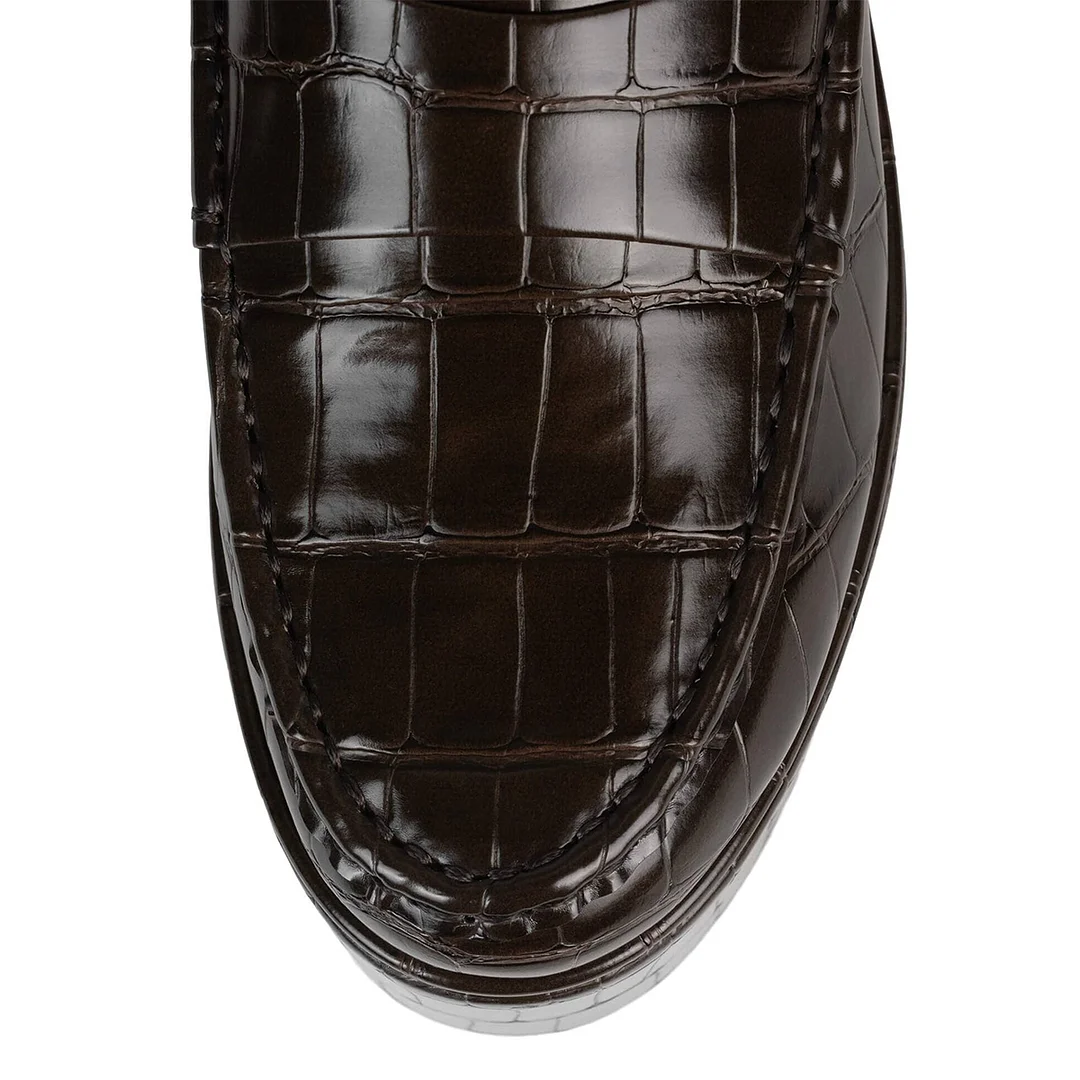 Dark Brown Croc-Embossed Almond Toe Platform Loafers with Wedge Heel