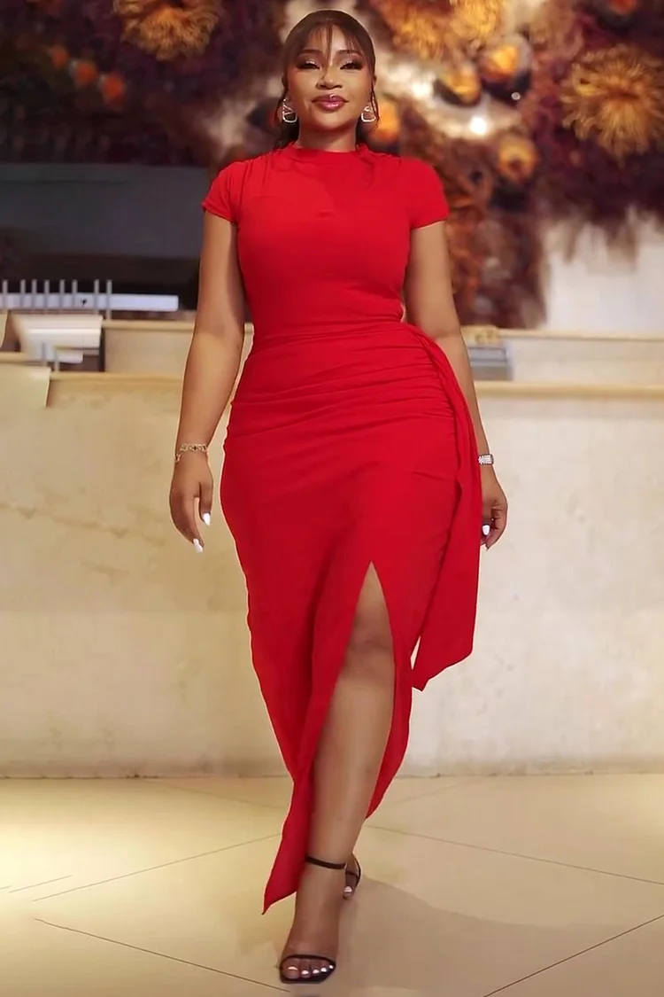 Cap Sleeve Sash Cutout Slim-Fit Slit Hem Party Maxi Dresses-Red [Pre Order]