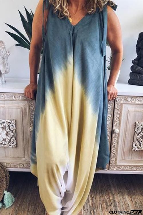 Tie Dye Bow Tie Loose Slip Jumpsuit