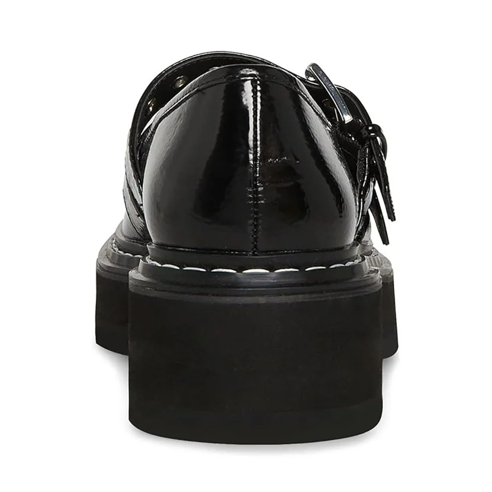 Black Patent Leather Heeled Platform Mary Jane Pumps with Two Straps