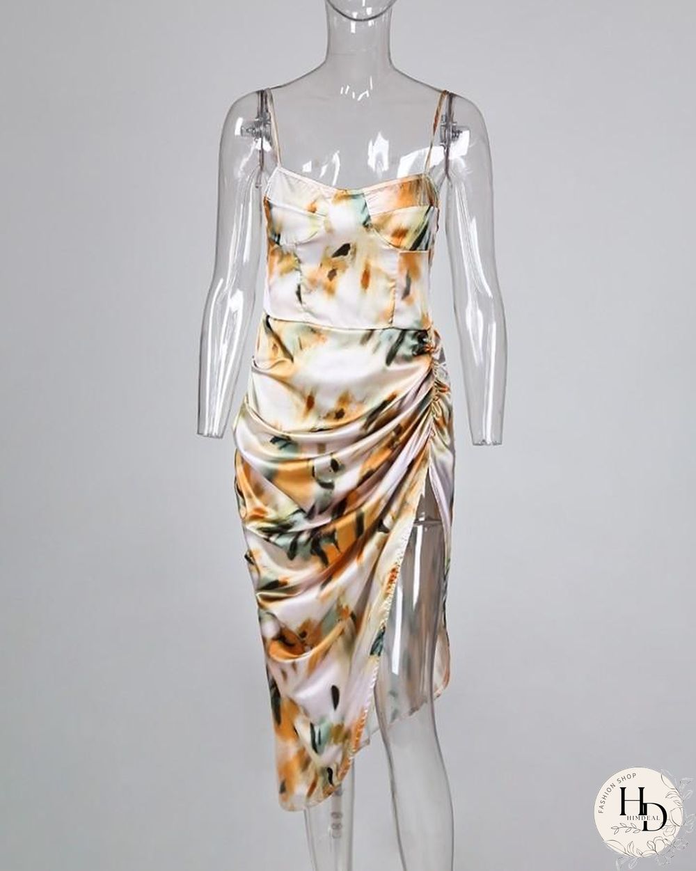 Abstract Print Spaghetti Strap High Slit Ruched Dress P10027