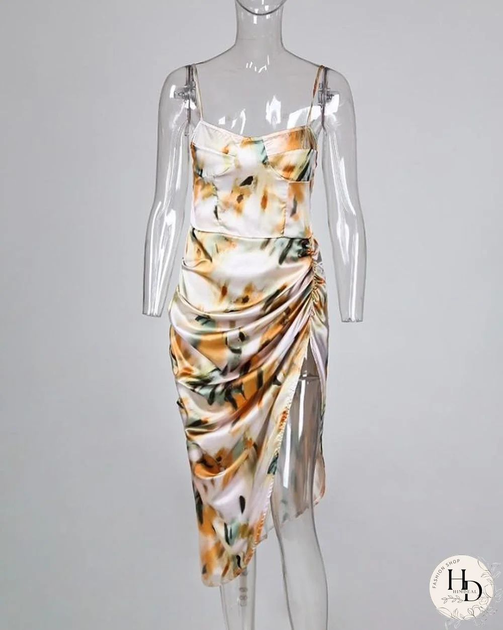 Abstract Print Spaghetti Strap High Slit Ruched Dress P10027