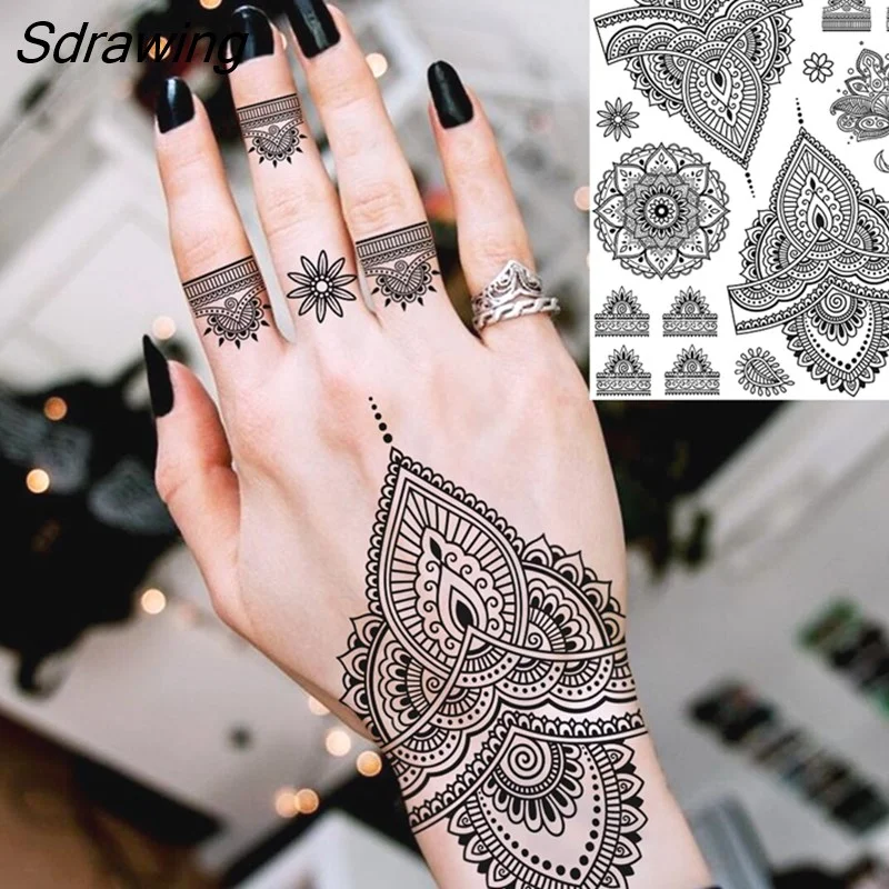 Sdrawing Henna Temporary Tattoos For Women Girls Feather Butterfly DreamCatcher Fake Gem Tattoo Sticker Chest Arm Tatoos Tribal 328-1