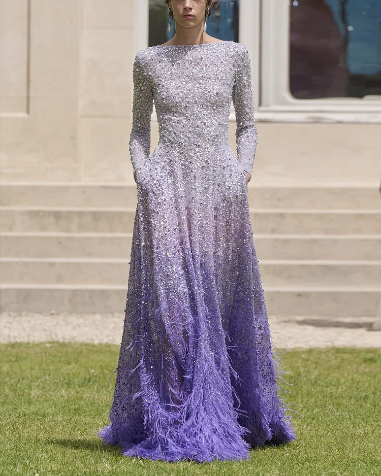 Women's Round Neck Long Sleeve Sequined Feather Dress