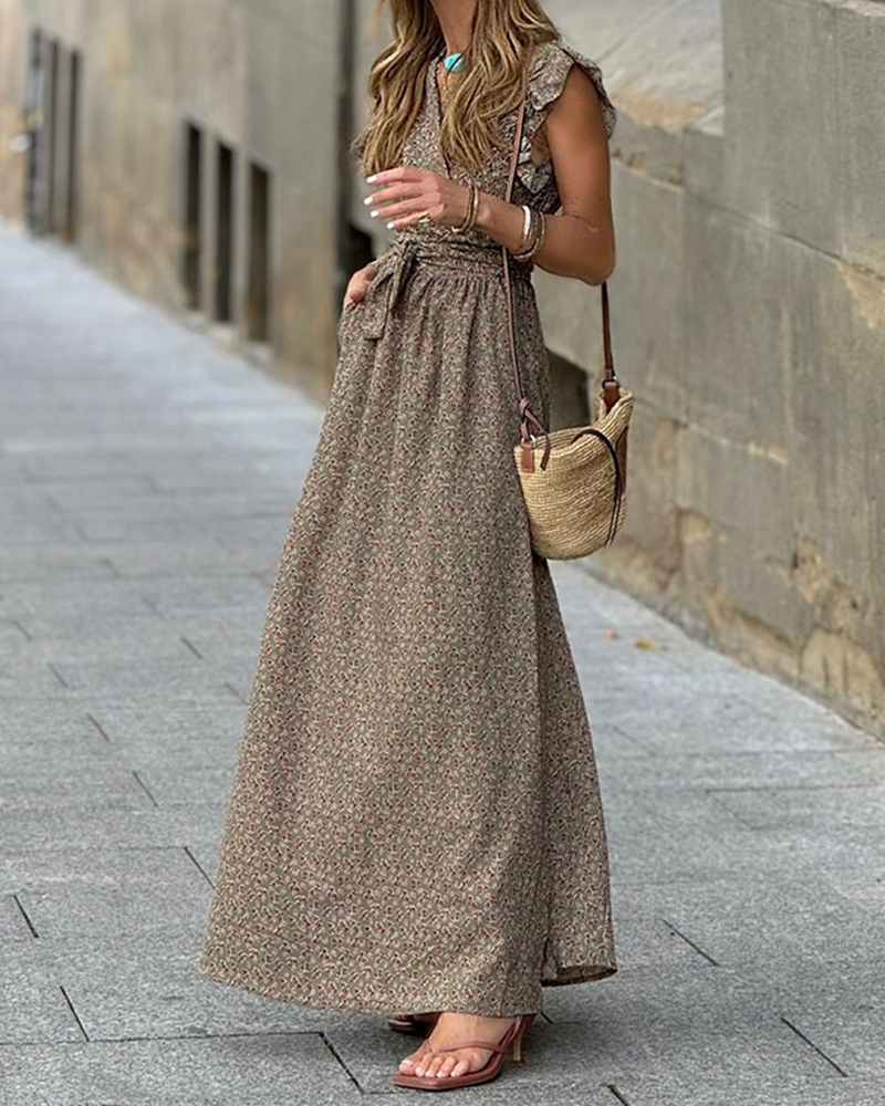 Floral Print Ruffled Cap Sleeve V Neck Maxi Dress