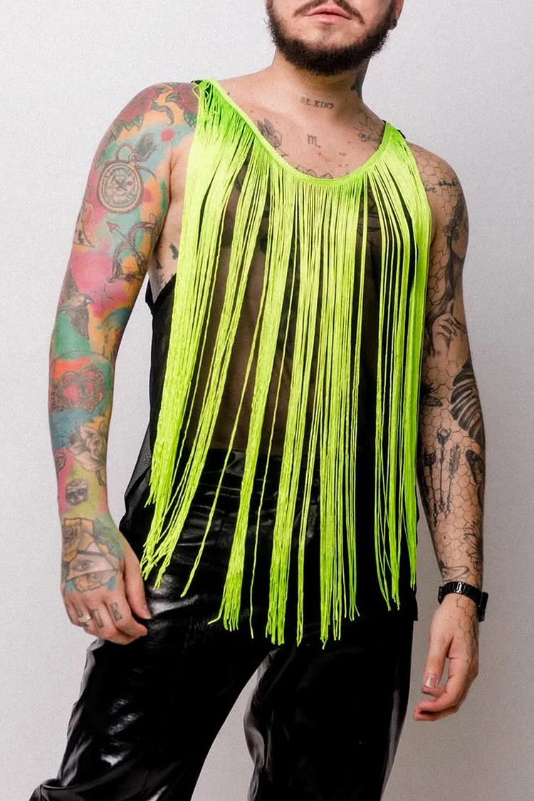 Men's Fringe Trim Mesh See Through Neon Green Festival Tank Top [Pre-Order]