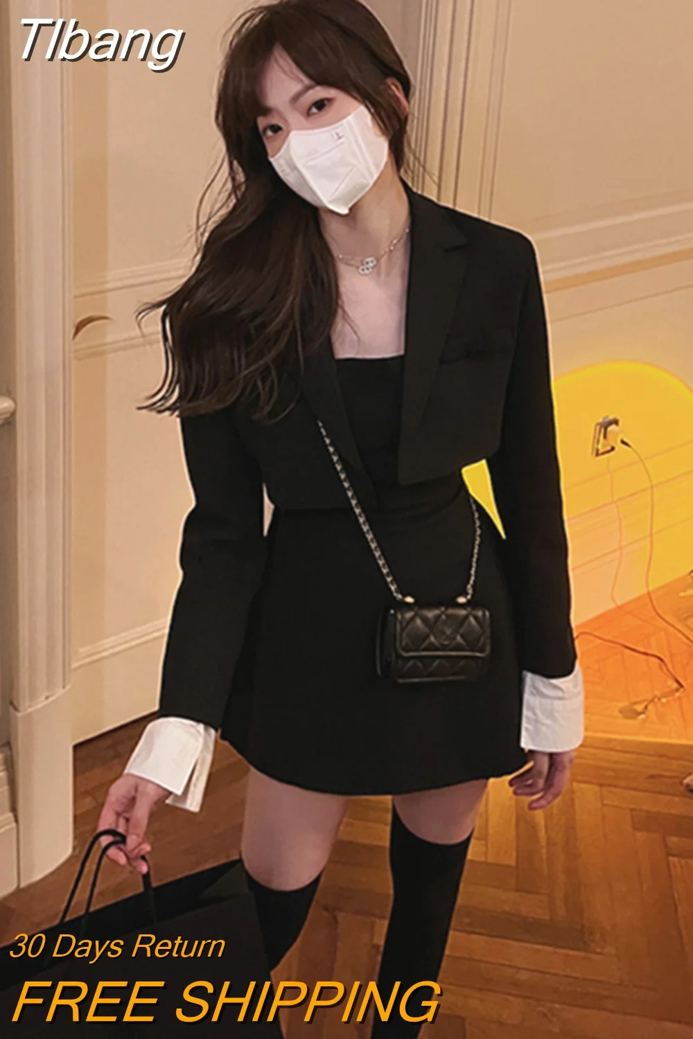 Tlbang Black Two Piece Dress Set Women Blazer Coat+Strap Dress Set Female Casual Korean Fashion Slim Elegant Dress Suit 2023 New