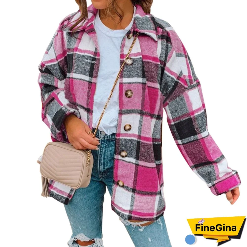 Hot Sale Women Fashion Plaid Shirt Jackets Turn-Down Collar Autumn Oversized Jacket Fashion Loose Coat Streetwear Female Outwear