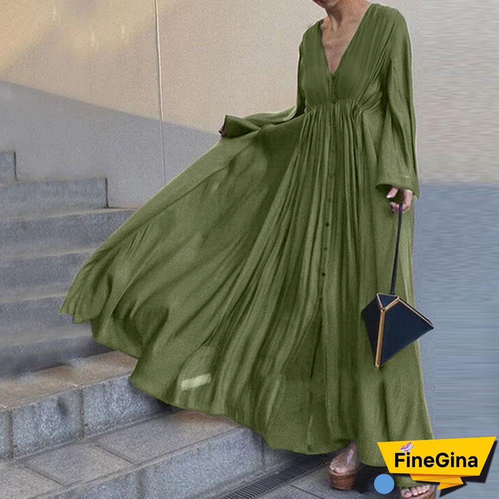 ZANZEA Women Summer V-Neck Long Sleeved Plus Size Casual Loose Long Dress Clubbing Dresses