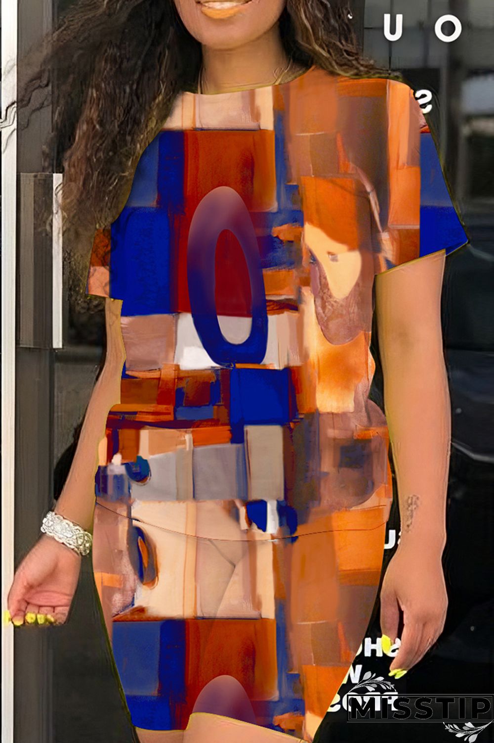 Multicolor Casual Print Basic O Neck Short Sleeve Two Pieces