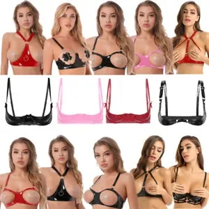 pornhint Pornhint Women Hollow Out Cupless Bra Tops Wet Look Leather Shelf Bras Wireless Bralette