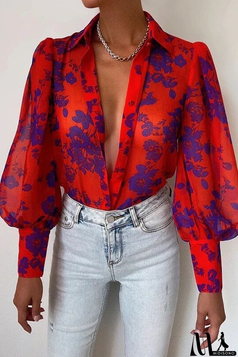 MidiSono - Elegant Floral Patchwork Turndown Collar Tops