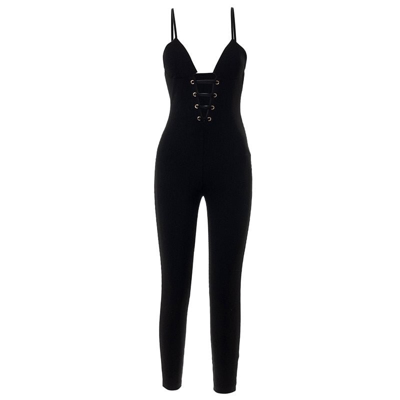 BOOFEENAA Sexy Black Jumpsuits Club Outfits for Women Spagetti Strap Deep V Neck Bandage Bodycon One Piece Outfit C85-CC26