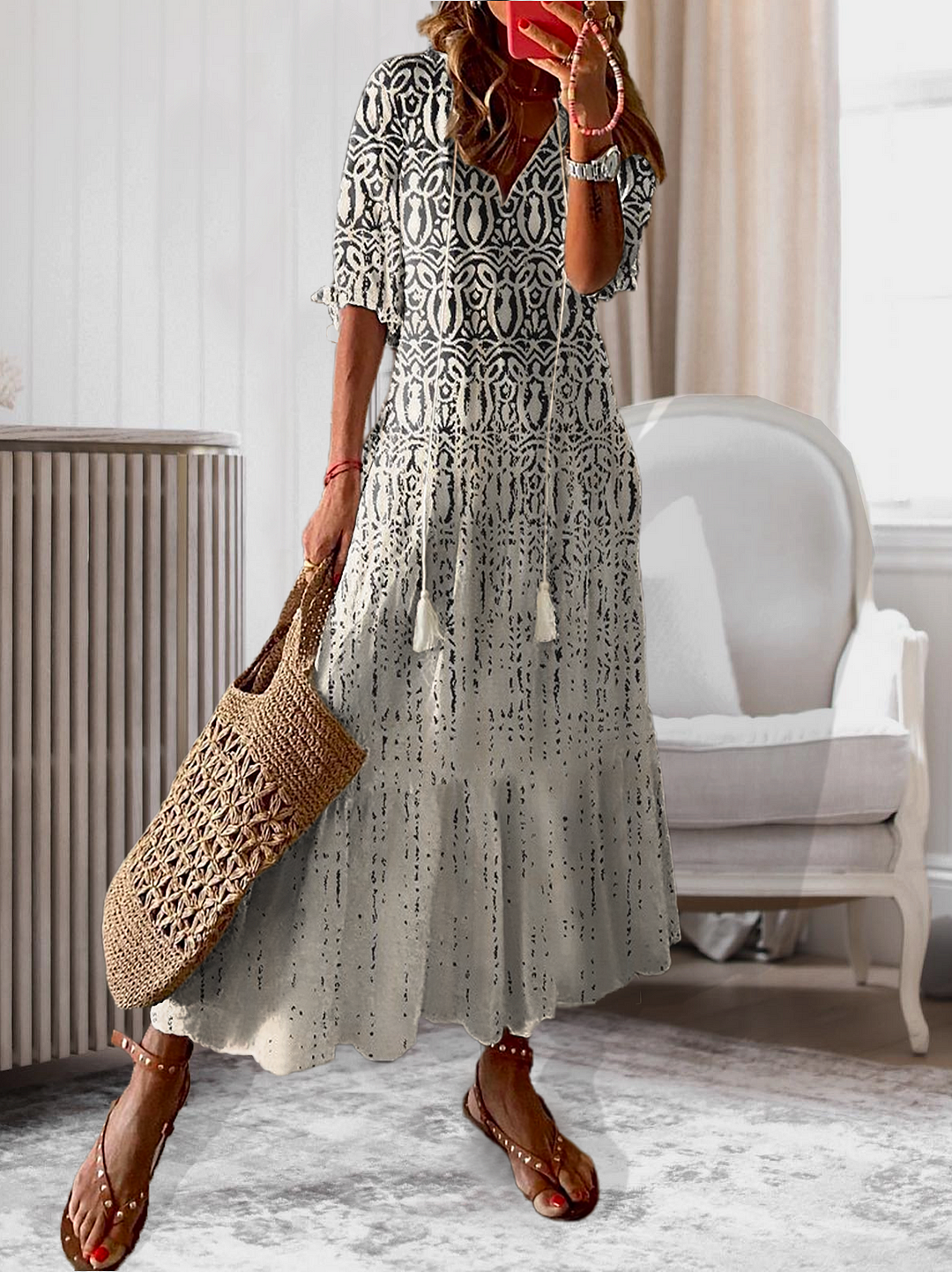 Women Casual Abstract Autumn Polyester Micro-Elasticity Loose Half sleeve Regular Regular Size Dress