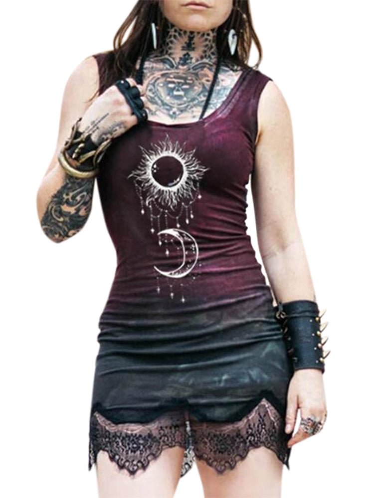 Retro Sun And Moon Print Lace Hem Mini Dress