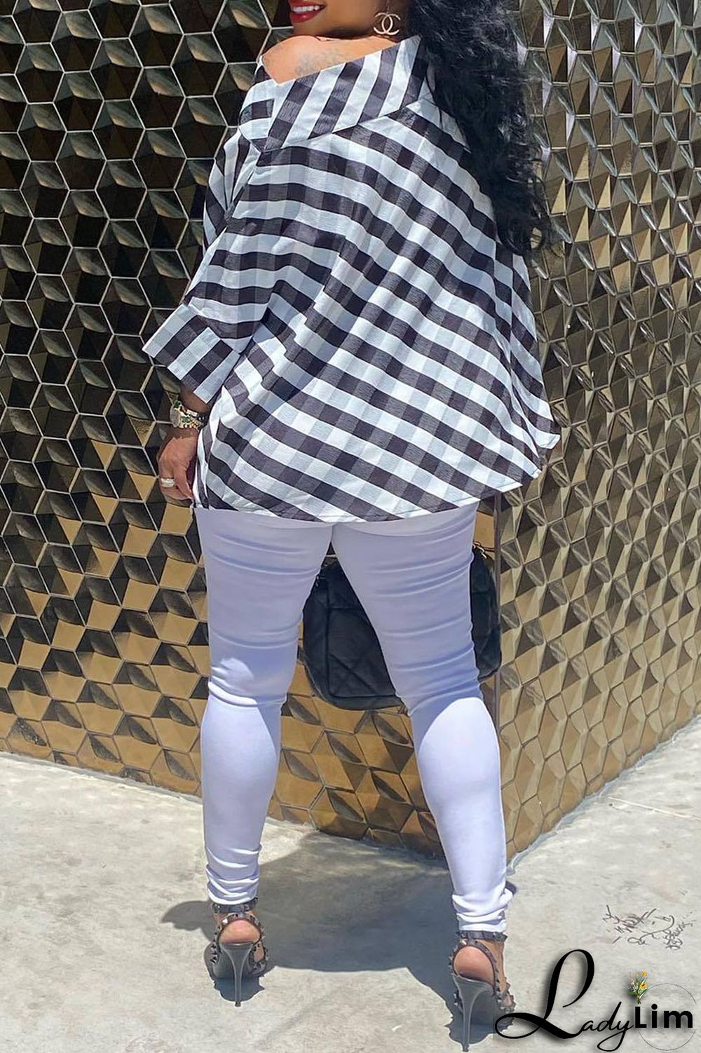 Black Casual Plaid Print Patchwork Asymmetrical Oblique Collar Tops