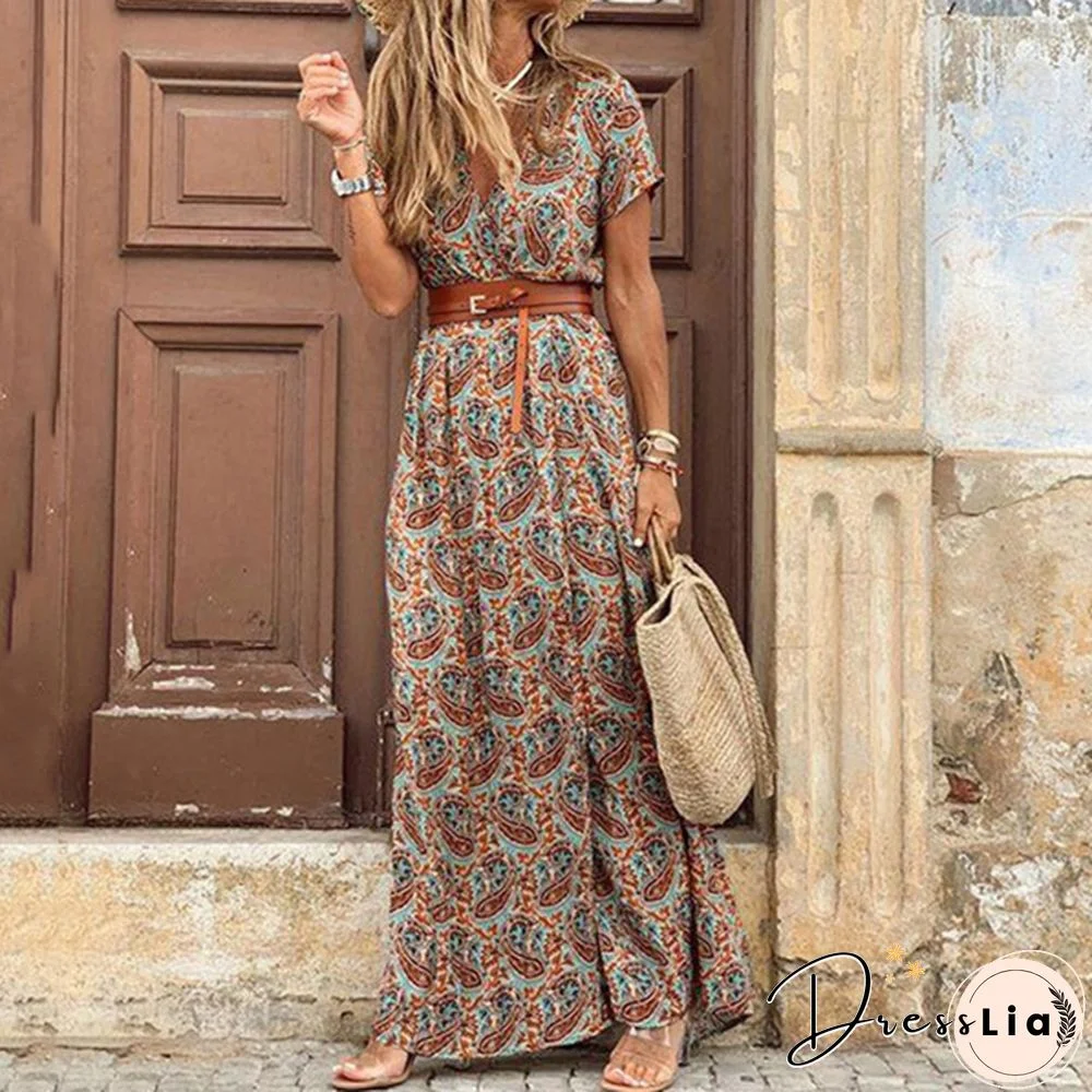 Ladies Summer Sexy Printed Boho Dress with Belt Belt