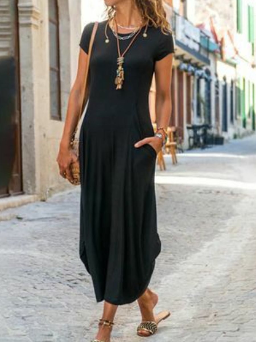 Women's Solid Color Round Neck Short Sleeve Maxi Dress