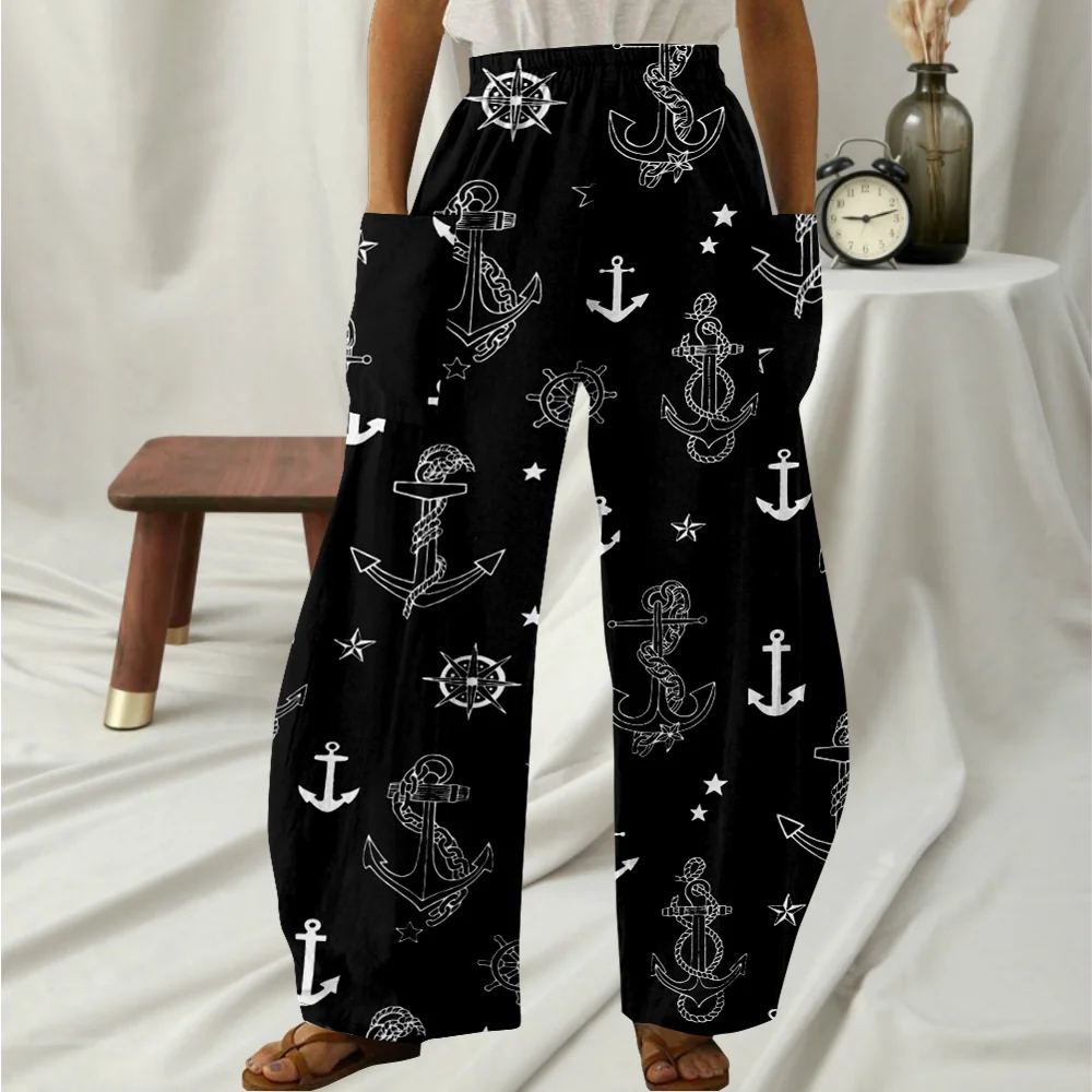 Women's Loose Fitting Retro Anchor Printed Pants.